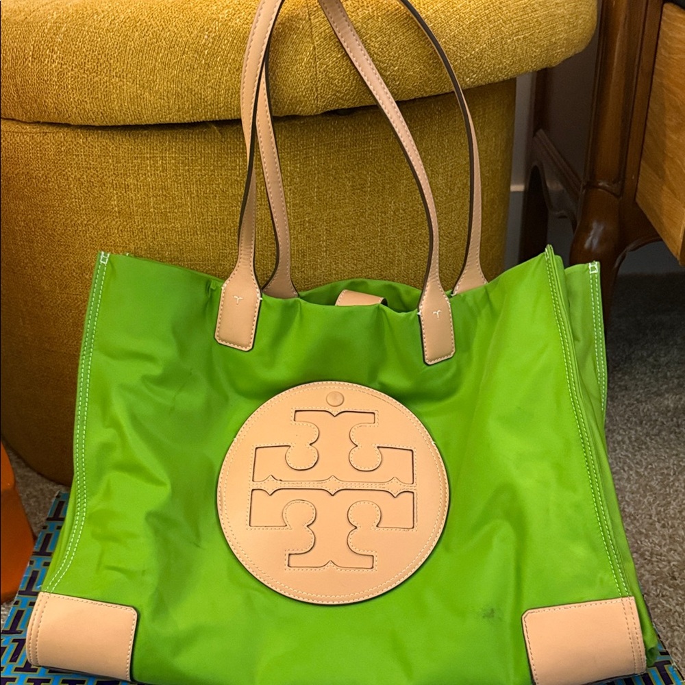 Tory Burch Green Tote Bag with Tan Accents